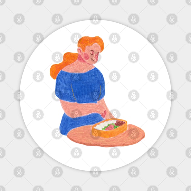 Woman eats lunch from a lunch box Magnet by TigrArt